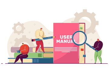 Tiny people reading user manual. Woman and man with magnifier and pencil using guidebook or instructions flat vector illustration. Guide, manual concept for banner, website design or landing web page