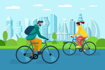 Millennial girl and boy on bike in city public park. Urban outdoor eco-friendly transport. Young people sharing vehicles. Active weekend life recreation on street. Bicycle riding vector