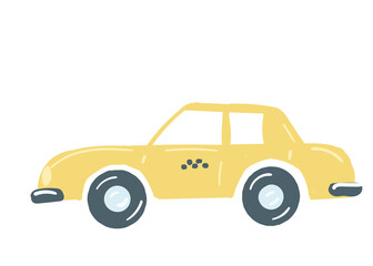 yellow taxi car. isolated sedan car. passenger taxi with a trunk. hand drawn cartoon style, vector illustration. public transport.