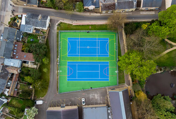 An aerial photo of a colourful outdoors sporting facility in Ely, Cambridgeshire, UK