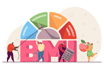 Body mass index medical chart. Tiny people on scales, with apple and calculator, diet and fitness control flat vector illustration. BMI, health concept for banner, website design or landing web page
