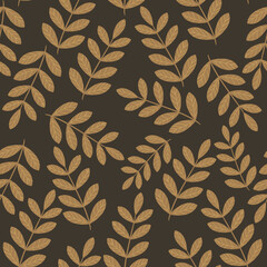 Seamless floral pattern with branches with hand drawn leaves on a brown background for textiles, paper, clothes, cards, souvenirs