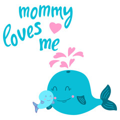 Cute funny whales and pink hearts. Mom and baby. Mommy loves me. Vector illustration, isolated on a white background. Scandinavian style flat design. Concept for children print.