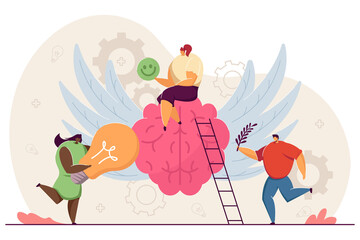 Tiny happy people with healthy mind. Cartoon character sitting on brain, positive vision flat vector illustration. Health improvement, philosophy concept for banner, website design or landing web page - obrazy, fototapety, plakaty