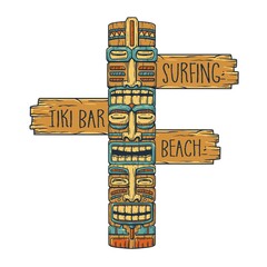 Design of trendy hawaii wooden tiki mask for surfing bar. Traditional ethnic idol and hawaiian surf pointer, maori or polynesian. Old tribal totem