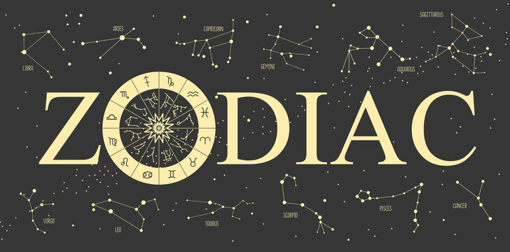 Modern magic witchcraft Astrology wheel with zodiac signs on space background. Horoscope vector illustration