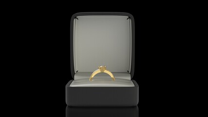 Diamond engagement ring, gold jewelry wedding ring in a black box on a dark background, 3d rendering