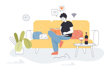 Man chatting to friends on laptop at home. Person sitting on sofa with computer flat vector illustration. Communication, quarantine, remote work concept for banner, website design or landing web page