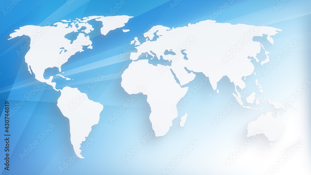 Poster white world map floating over abstract modern blue background with transparent lines and layers. 4k 