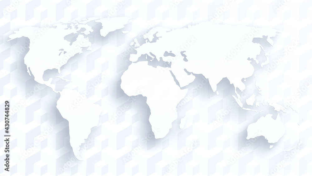 Poster white world map floating over pattern of modern white isometric 3d cubes. 4k resolution.