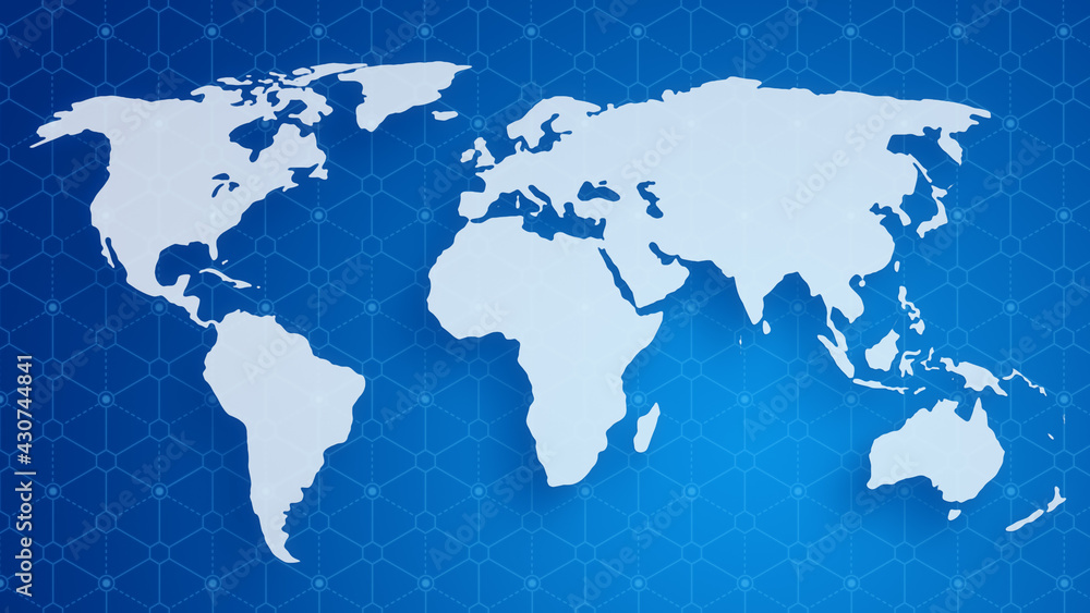 Poster white transparent world map floating over abstract blue hexagonal blockchain pattern background. 4k 