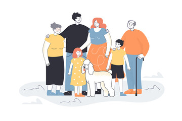 Happy big cartoon family with dog. Father, mother, son, daughter, grandpa, grandma and pet flat vector illustration. Family, relatives concept for banner, website design or landing web page
