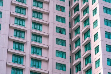 Modern building with blue windows close up