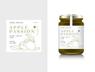 Vector illustration realistic glass bottle packaging for fruit jam. Apple jam with design label, typography, line apple icon.