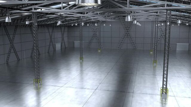 Empty warehouse with roof windows and several pillars - 3D 4k animation (3840x2160 px).