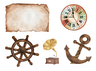 Vintage set. Old paper, clock, boat steering wheel, gramophone and anchor. Isolated on white background. Watercolor illustration. © Khaneeros
