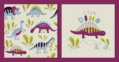 Fototapeta na wymiar Different dinosaurs on a light background - Seamless pattern and print. Vector Background for fabric, textile, posters, gift wrapping paper. Print for kids, baby, children