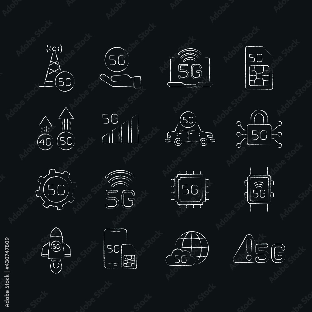 Poster 5g connection chalk icons set. high speed internet. thin line customizable illustration. contour sym