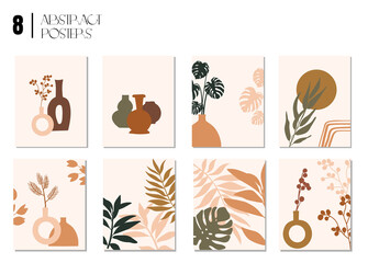 Collection of contemporary abstract art posters. Minimal botanical leaf and vase design for social media, wallpapers, postcards, prints, wall art. Mid Century Modern design.