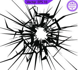 Obraz premium Broken glass, cracks on glass, high resolution. Bullet marks on glass. High resolution. Texture glass with black hole. You can easy change colors or sizes. Cracks for disaster design.