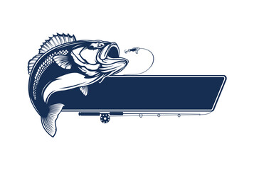 Fishing bass logo. Bass fish with rod club emblem. Fishing theme illustration. Fish Isolated on white.