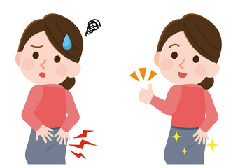 お尻のトラブル　痔　治療して回復した女性　イラスト