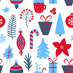 merry christmas and happy new year winter seasonal xmas seamless pattern with decoration items, endless repeatable textue , vector illustration graphic