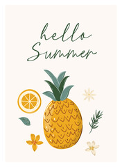 Pineapple illustration for greeting card, poster background. Welcome banner for hot season. Hand drawn bright poster with exotic fruit.