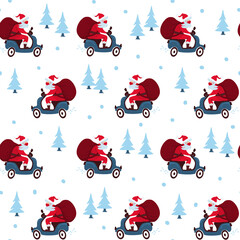 Fototapeta na wymiar merry christmas and happy new year winter seasonal xmas seamless pattern with driving santa claus on a scooter with face mask, endless repeatable textue, vector illustration graphic