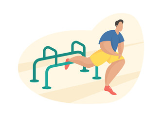 Outdoor fitness equipment flat illustration. Male cartoon character doing workout leg stretching exercise using outdoor gym equipment. Outdoor sports gym. Streets workout. Sports training
