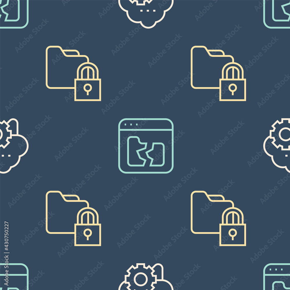 Poster set line cloud technology data transfer, folder and lock and broken file on seamless pattern. vector