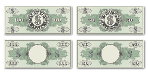 A set of fictional US paper money. Obverse and reverse of 50 and 100 dollar banknotes. Guilloche grids and shadows