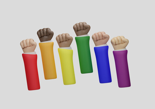 LGBTQ+ community fists raised as a sign of strength. LGBT pride rainbow colors. 3D Rendering.