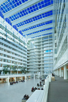 THE HAGUE-MARCH 18. The Hague City Hall atrium. Designed in 1986 by Richard Meier, completed in 1995. 4,500 sq. meter atrium flanked by two 10- and 12-storey buildings. The Hague, March 18, 2013.