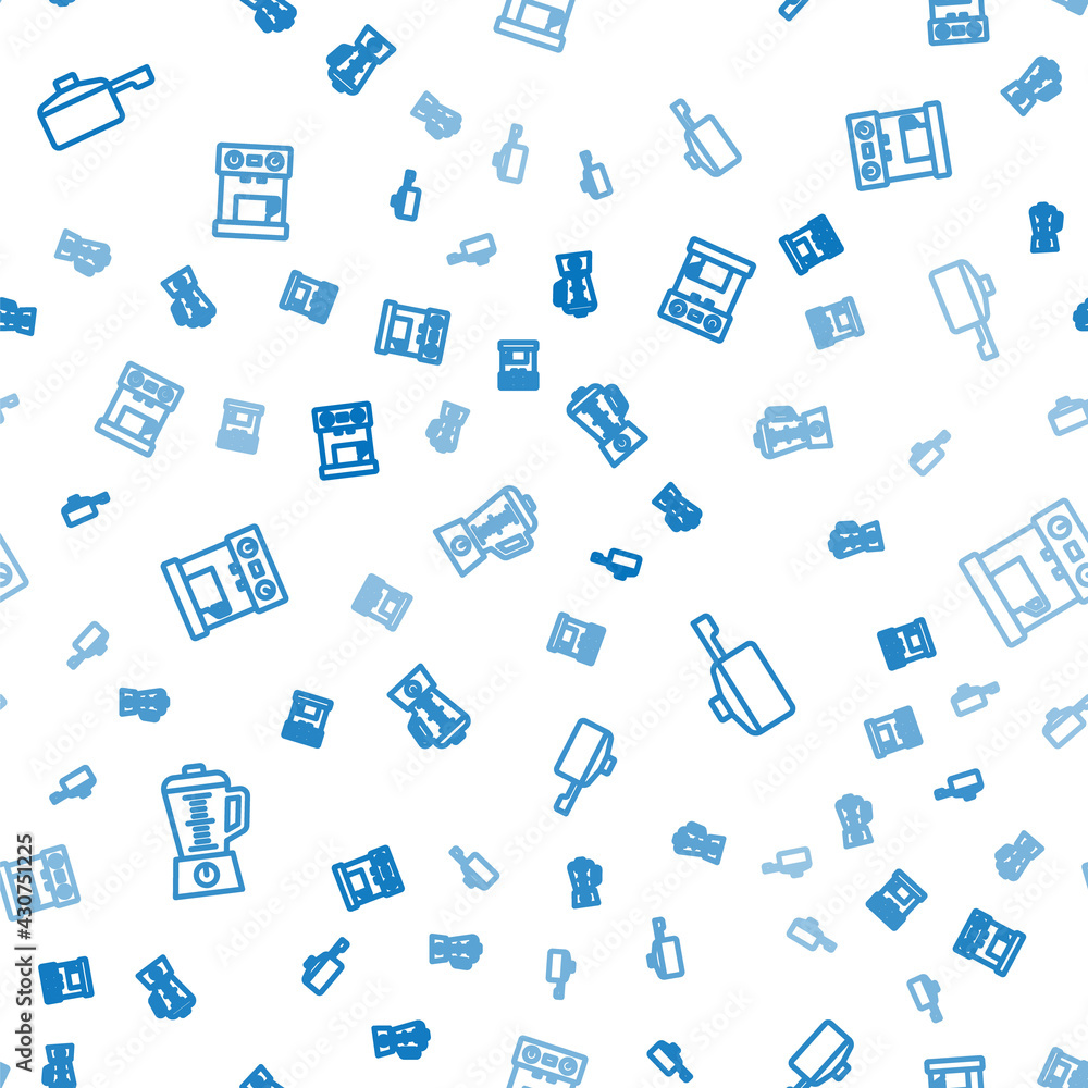 Poster set line blender, frying pan and coffee machine on seamless pattern. vector