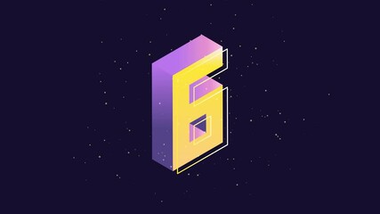 Countdown Timer from 10 to 0. Isometric 3d Numbers in purple and yellow. Falling down animation with particle dust. 3d clock. Ultra HD 4K 3840x2160 Video