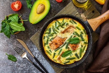 Breakfast or lunch snack concept. Rustic omelet (omelette, Scrambled)  with salmon fillet and green beans in a frying pan on a stone background. Top view, flat lay.