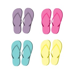 Flat illustration with yellow, pink, green and purple flip flops set on white background. Summer style. Vector pattern. Top view.