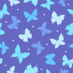Fototapeta na wymiar Colorful silhouettes of butterflies and white dots on a calm purple background. Insects. Seamless doodle summer pattern. Suitable for packaging, textile, wallpaper.