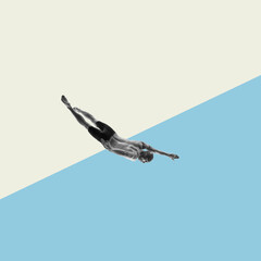 Modern design, contemporary art collage. Inspiration, idea, trendy urban magazine style. Swimmer jumping, swimming on bicolored background