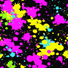 Fototapeta na wymiar Vector seamless pattern. Multicolor pink, yellow, green, blue blots , drops and splashes on black. Abstract, creative design for textile, wallpaper, wrapping paper, notebook cover, card, poster.
