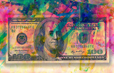 dollar banknote with creative colorful abstract elements on dark background