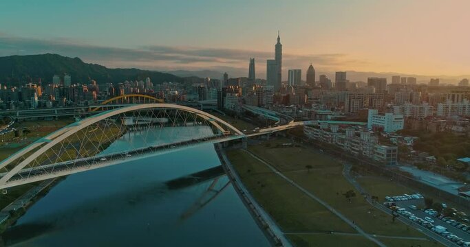 Rainbow bridge with Taipei city at dawn, Taiwan