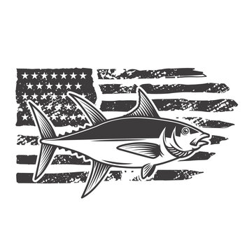 American flag with tuna fish illustration. Design element for poster, card, banner, t shirt. Vector illustration