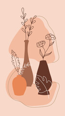 Composition with plants and flowers leaves and abstract vases. 