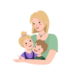 Blonde mom hugs her son and daughter. Happy family day. Mother love and caring for children. International maternity day, women day. People with faces