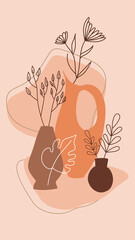 Composition with plants and flowers leaves and abstract vases. 