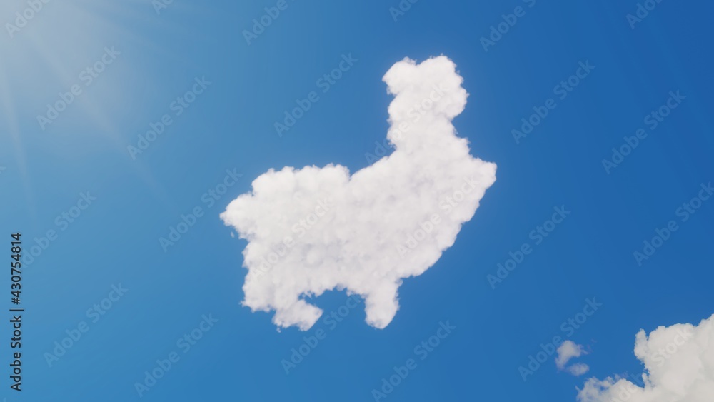 Poster 3d rendering of white clouds in shape of symbol of rabbit on blue sky with sun