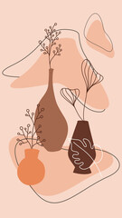 Composition with plants and flowers leaves and abstract vases. 
