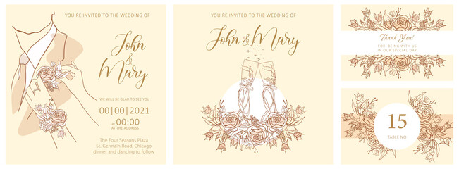 Set of wedding cards, marriage, wedding salon logo concept. Two wedding glasses, a wreath of rose flowers with buds, a man's silhouette in a suit with a boutonniere, woman's hand.